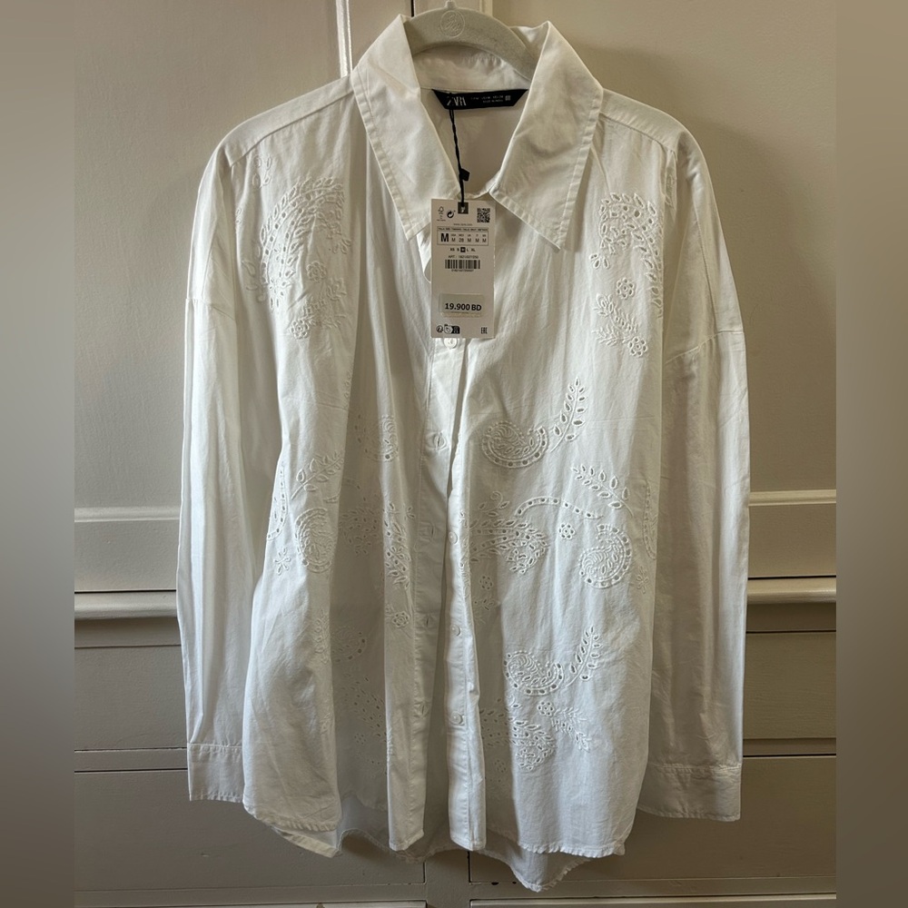 NWT Zara White Women’s Casual Embroidered Shirt